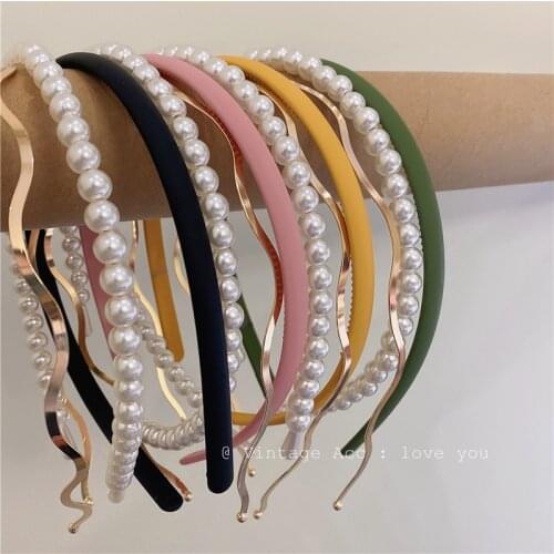 AOMU Korean 3PCS/SET Vintage Colourful Acrylic Metal Wave Hair Band Sweet Chic Imitated-Pearl Headband for Women Accessories