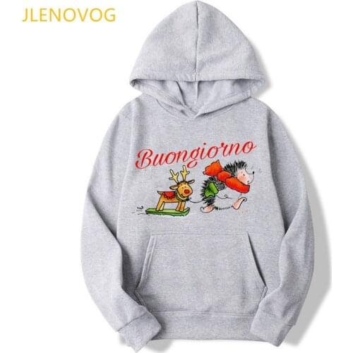 Cute hedgehog and deer animal print hoodies women merry christmas sweatshirt female funny kawaii winter clothes sudadera mujer