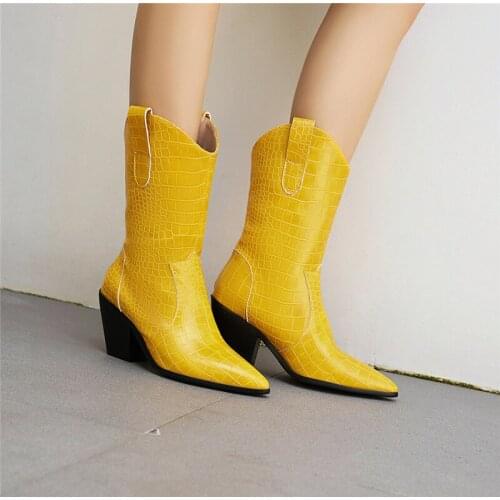 YMECHIC 5 Color Embossing Pu Leather Mid Calf Long Pointed Toe Western Boots Cowboy Boots Women Block High Heels Dance Shoes 43