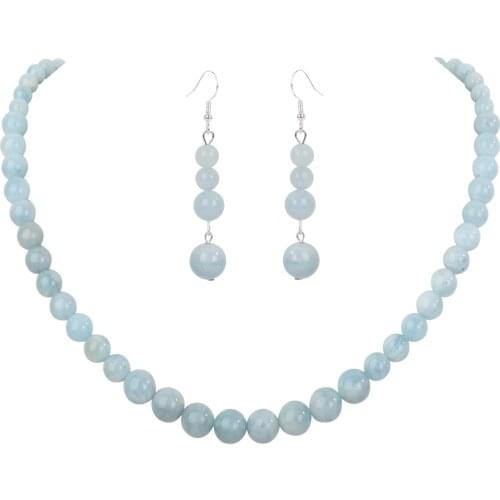 YACQ 925 Sterling Silver Natural Aquamarine 6 8 10mm Choker Necklace Dangle Earrings Sets Handmade Jewelry gifts For Women Mom