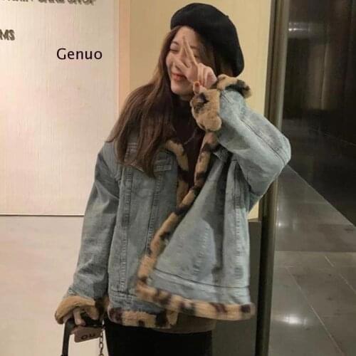 Two Sides Wear Denim Coat Womens Korean Version of Loose Thin Leopard Pattern Artificial Rabbit Fur Coat 2020 New Winter