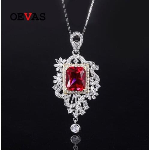 OEVAS 100% 925 Sterling Silver 10*12mm Ruby High Carbon Diamond Pendant Necklace For Women Sparkling Wedding Party Fine Jewelry