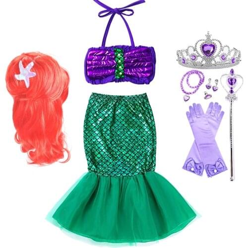2021 Summer Girls Mermaid Swimsuit Ariel Dress Mermaid Wig Kids Christmas Birthday Party Fancy Clothes 3-10 Years