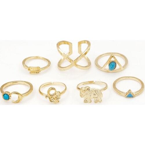 7 Piece/Sets Womens Gold Color Fashion Geometry Elephant Arrow Ring Alloy Combinations Punk Ring Suit for Girl 2016 Jewelry