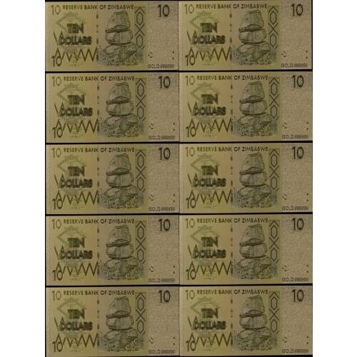 10pcs,24k Gold Banknote Zimbabwe 10 Dollar Bills with 1 Certificate Fake Money for Pub Club Home Decor