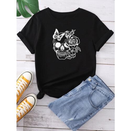 Skull Head Rose Print Women T Shirt Short Sleeve O Neck Loose Women Tshirt Ladies Fashion Tee Shirt Tops Clothes Camisetas Mujer