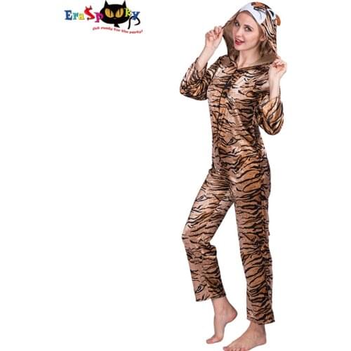 Eraspooky Unisex Tiger Jumpsuit Costume For Adult Animal Pajama Women Halloween Carnival Party Tiger Stripe Fancy Dress Men