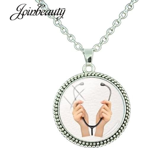 JOINBEAUTY Medical Students Nurse Gifts Necklace Stethoscope Syringe Pattern Round Glass Pendant Long Chain Unisex Jewelry NT309