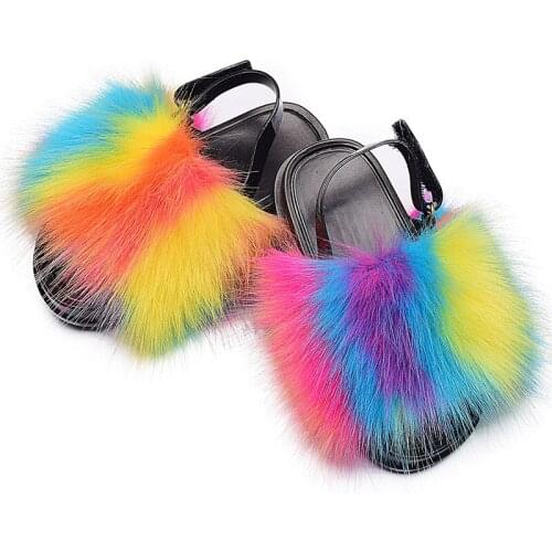 Fur Slippers Kids Summer Children Cute With Fox Fur For Girls Sandals Fluffy Faux Fur Slides 2021 Luxury Shoes Girls Children