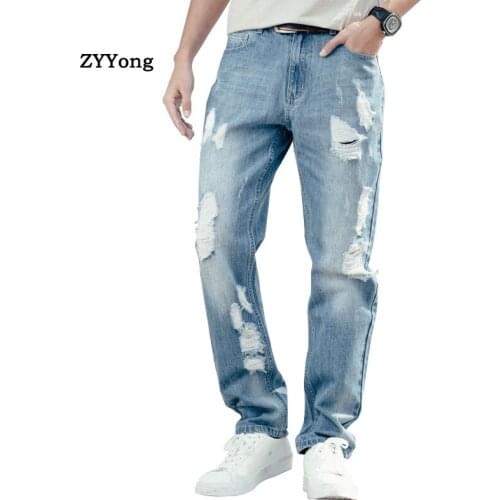 Spring and Autumn Men Hole Baggy Jeans Straight Large Size Wide Leg Denim Pants Blue Leisure Loose Hip Hop Streetwear Ragged Jea