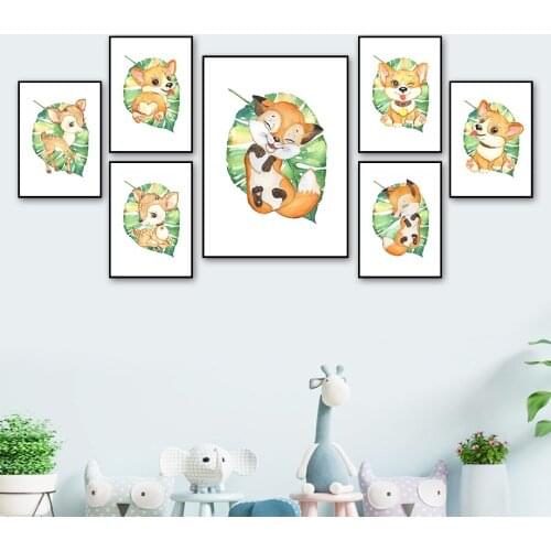 Cute Corgi Deer Fox Animal Monstera Wall Art Canvas Painting Nordic Posters And Prints Wall Pictures Kids Room Nursery Decor