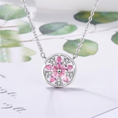 New Fresh Flower Temperament 925 Sterling Silver Jewelry Pink Crystal Flower Round Clavicle Chain Pendant Necklaces H455
