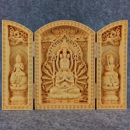 New Wooden Crafts Home Lucky Decoration Religious Buddha Statue Three Open Boxes Avalokitesvara Manjusri Sapporo Bodhisattva