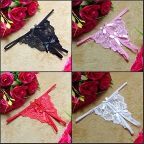 Free Size Women Sexy Hot Underwear Lace G String Thong Low Waist Panties With Pearl Bead Hollow Out Lingerie Open Crotch Undies