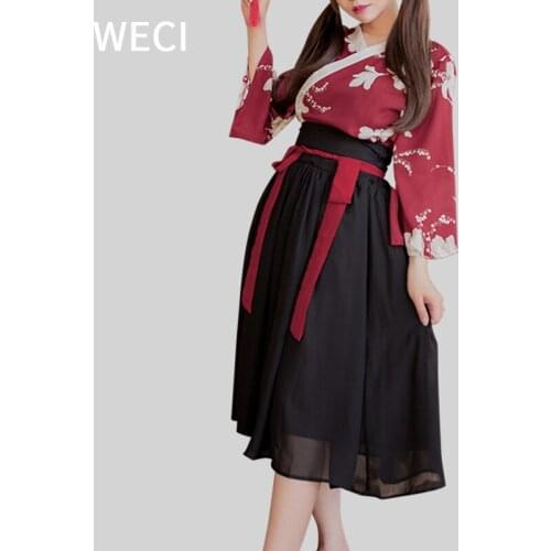 WECI New Printed Classical Hanfu Sexy Lingerie Chiffon High Waist Long Skirt Uniform Suit Japanese Cute Nightdress Kimono Female