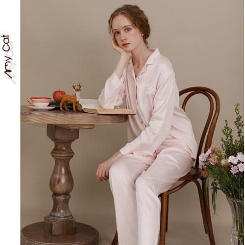 2020 Autumn Pajamas Women Pure Korean Casual Pure Color Satin Homewear Pocket Long Sleeves Viscose Fiber Women Plus Size Pajamas
