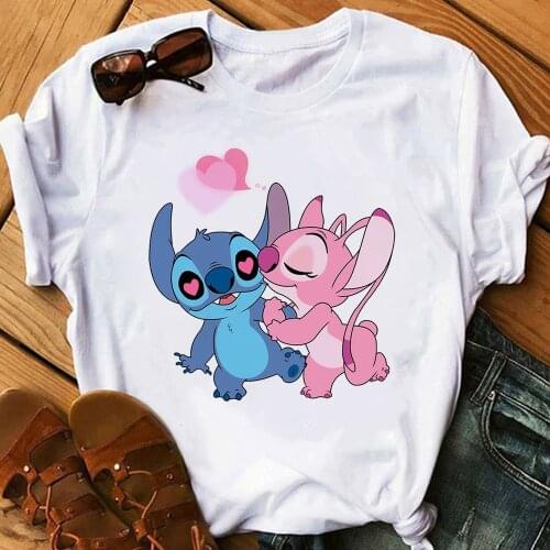 Womens Cartoon Graphic Fashion T-Shirt Lilo Stitch Kawaii Tshirts Cartoon Female Printed Casual T Shirt Casual Tops T-shirt