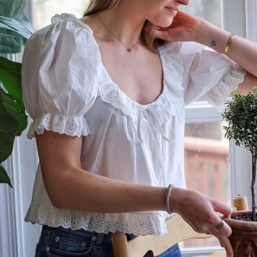 XEASY 2021 New Summer Women Vintage White Thin Elegant Shirt Office Lady Round Neck Ruffled Streetwears Casual Shirt Tops