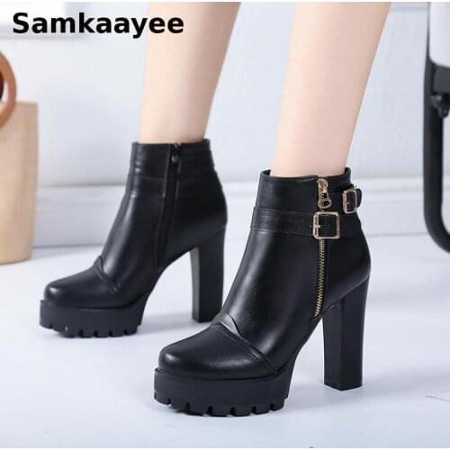 Size 35-40 Womens High Heels Shoes Winter Femmes Pu Leather Boots Platform Pumps 11cm Heels Zipper Chelsea Booties Zapatos Y52