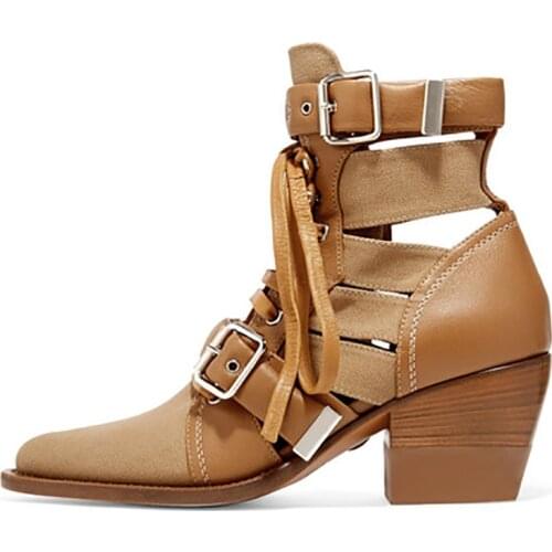 Ladies Chunky Heel Ankle Martin Boots Cut Out Hollow Strap Metal Buckle Medium Heel Shoes Fashion Runway Street Fall Booties