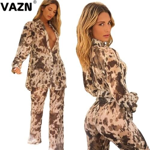 VAZN 2020 New Women Set Tracksuit Full Sleeve Ruffles Pencil Pants Print Suit Two Piece Set Office Lady Outfits Uniform