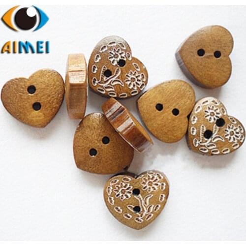 100pcs/lot Brown Heart Shape Wood Buttons With Lase For Clothing Sewing Flowers Button For Clothes Wood Buttons For Needlework