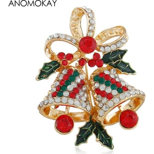 2019 New Year Xmas Bells Crystal Brooches Multi Color Enamel Christmas Tree Deer Santa Claus Pins for Xmas Party Decoration