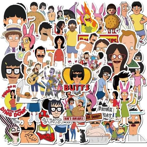 50pcs funny bob burger waterproof cartoon childrens toy mixed sticker scooter bicycle mobile phone laptop travel bag funny dood