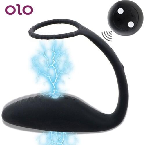 OLO Electric Shock Anal Plug Vibrator with Ring Wireless Remote Control 10 Speed Prostate Massager Butt Plug Sex Toys For Men
