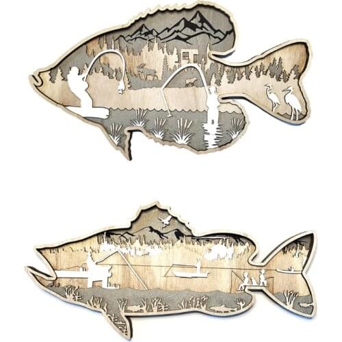 B0KB Carving Wooden Fish Sculpture Wall Hanging Sea Bass Salmon Ornaments Decorations