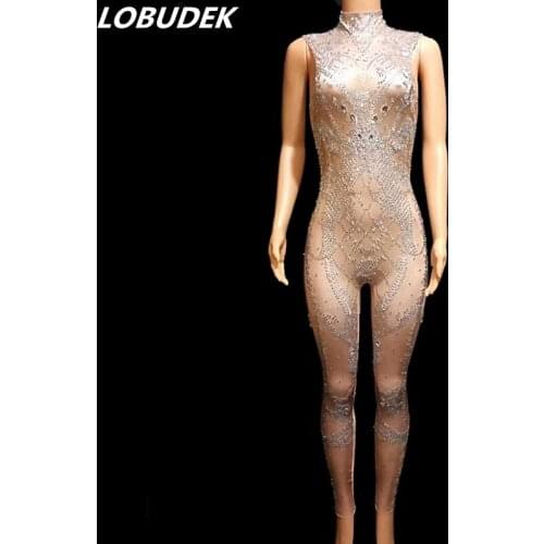 Sparkly Glass Stones Leotard Jumpsuit Silver Rhinestones Stretch Bodysuit Prom Party Women Singer Costume Nightclub Stage Wears