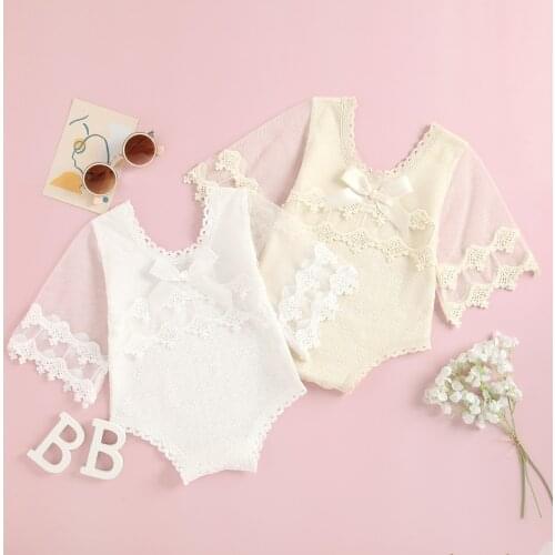 Baby Girls Summer Bodysuit Lace Sheer Stitching Long Sleeves Bodysuit with Crotch Buttons For Toddlers Baby 0-24 Months