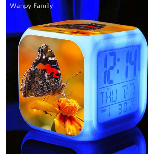 Very Beautiful Flowers Butterfly Alarm Clock 7 Color LED Glowing Digital Alarm Clock Kids Room Multifunction Flash Watche Clock