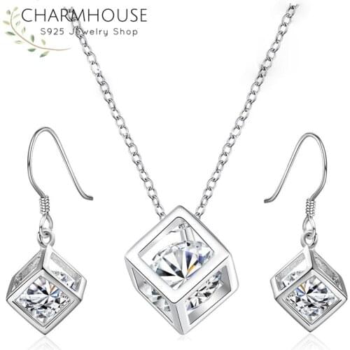 Charmhouse Silver 925 Jewelry Sets For Women Cubic Zirconia Pendant Necklace + Earrings 2 pcs Costume Jewelry Set Accessories