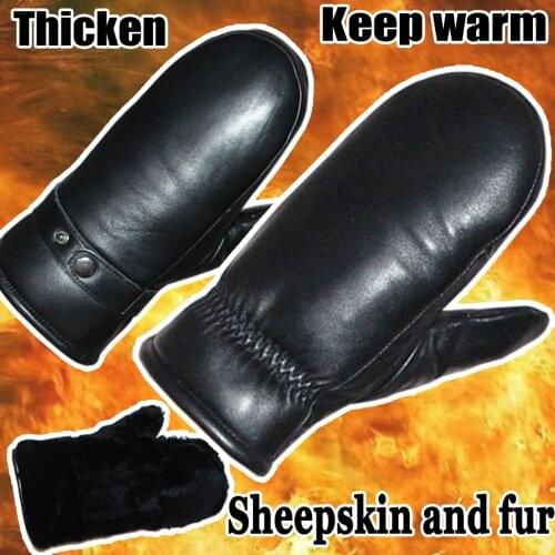 Leather Gloves Mens Sheepskin mittens wool real fur gloves winter warm outdoor Womens sheepskin fur one thick cold-proof glove
