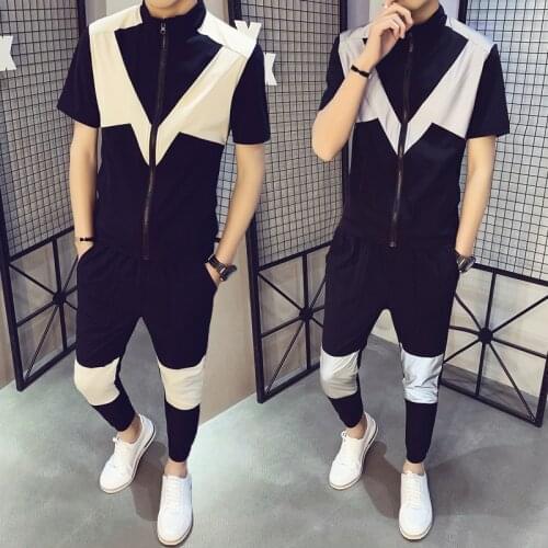 Summer Short Sleeve T-shirt Stand Collar Patchwork Top Long Pants Two Pieces Set Casual Fashion Clothing B75