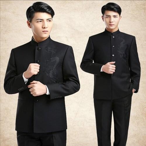 Mens Slim Fit Stand Collar Suits Dargon Embroidered Fashion Chinese Tang Suits Male Stylish Casual Suits Set Tangsuit