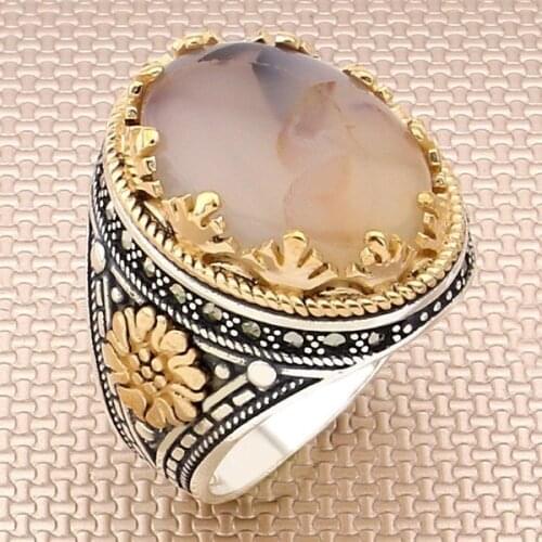 Vintage Oval Yemen Agate Stone Men Silver Ring With Bronz Color Big Heavy Daisy Motif Solid 925 Sterling Silver