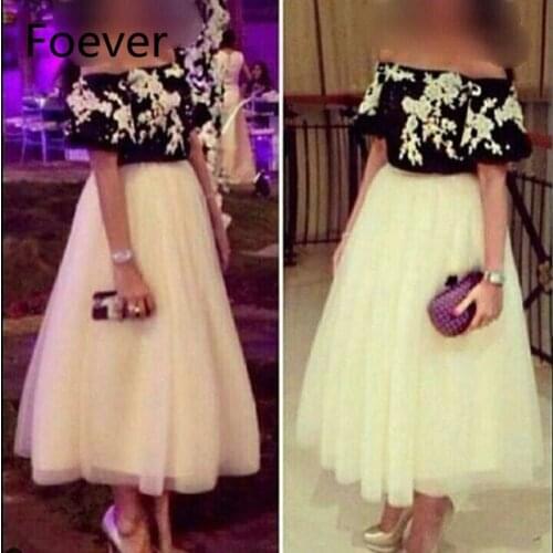 New Arrival White Black Lace evening dress short 2019 Tea length Cheap evening gowns Robe de soiree formal dress