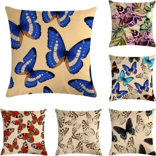 One Side Print Cushion Cover Linen Pillow Cover for Home Sofa Seat Throw Cute Vintage Decoration 45X45cm Butterfly Blue