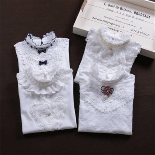 Autumn Winter School Girls White Blouse Lace Shirts Cotton Long Sleeve Blouse shirt Baby Toddler Teen Tops Kids Shirt 0-12 Y
