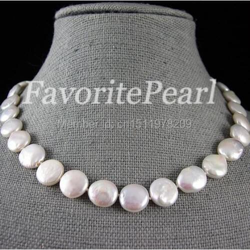 Coin Pearl Necklace 13-14mm 17-18 Inches White Color Freshwater Pearl Necklace - Wedding Bridesmaid Jewelry - Free Shipping