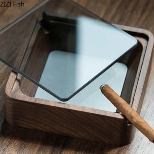 Walnut Ashtray Solid Wood Windproof Double-slot Ashtrays with Lid Simple Home Homestay Decoration Modern Gift for Boyfriend