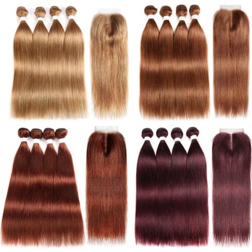Brazilian Straight Human Hair Bundles With Closure 4x4 Honey Blonde Colored 100% Human Hair Weave Bundles With Closure Non-Remy