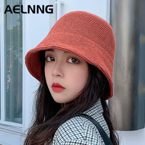 AELNNG Brand Spring Summer New Womens Bucket Hats Fashion Solid Color Sunhat Retro Trend Outdoor Casual Sun Hats