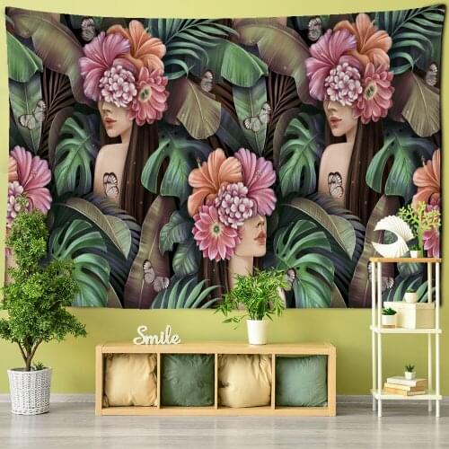 Tropical Plant Tapestry Wall Hanging Girl Psychedelic Witchcraft Natural Bohemian Hippie Bedroom Home Decor