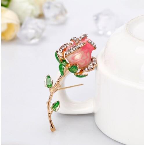 New Drop Oil Rose Flower Crystal Rhinestone Vintage Brooch Flower Pins For Girls Women Jewelry