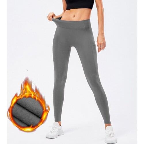 Women High-Waist Pocket Leggings Yoga Fleece Pants Winter Thermal Underwear Bottoms Plus Velvet Sweatpants Trousers