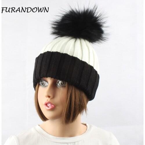 Winter Hats For Women Real Mink Fur Pom Poms Patchwork Knitted Hat Skullies Beanies Winter Womens Hat Girl 'S Wool Hat