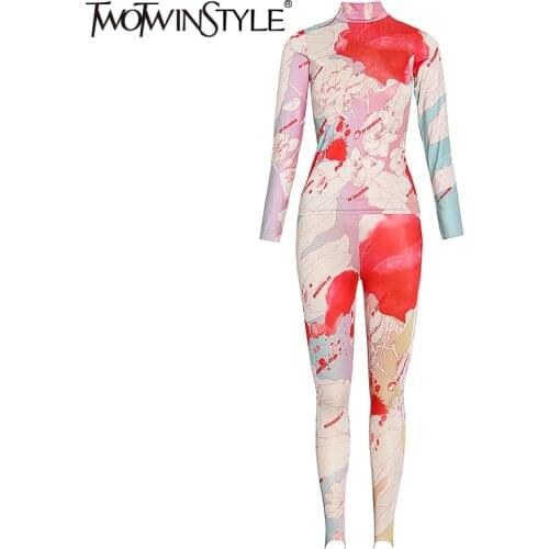 TWOTWINSTYLE Print Patchwork Two Piece Set For Women Turtleneck Long Sleeve Tops Full Length Pants Hit Color Sets Female 2020